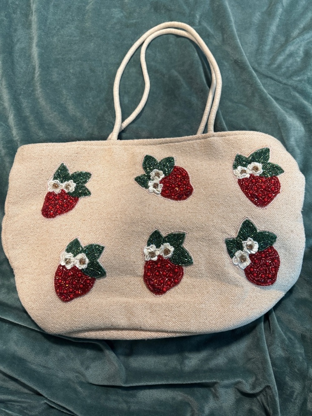 Beaded Strawberry Beige Tote Bag - Womens Straw Embellished Shopper